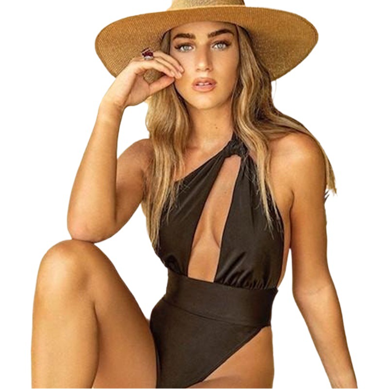 Cross-border New European and American Women's One-piece Swimsuit Solid Color Crossover Shoulder Backless Hollow High Waist BIKINI BIKINI Swimsuit