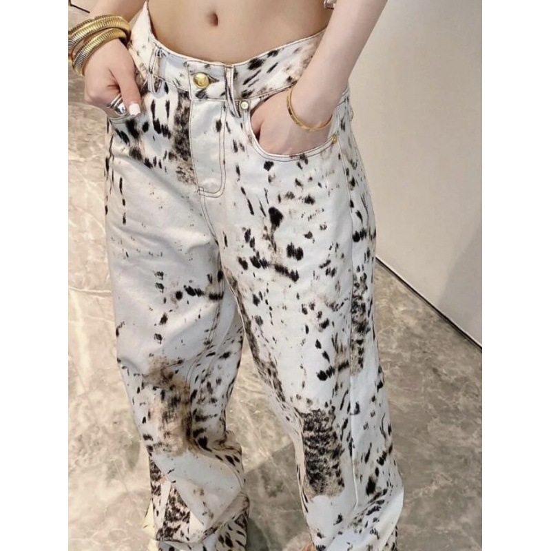 Foreign Trade in stock American Style High Street Spice Girl Leopard Print Design Jeans Women's Retro Loose Straight High Waist Trousers