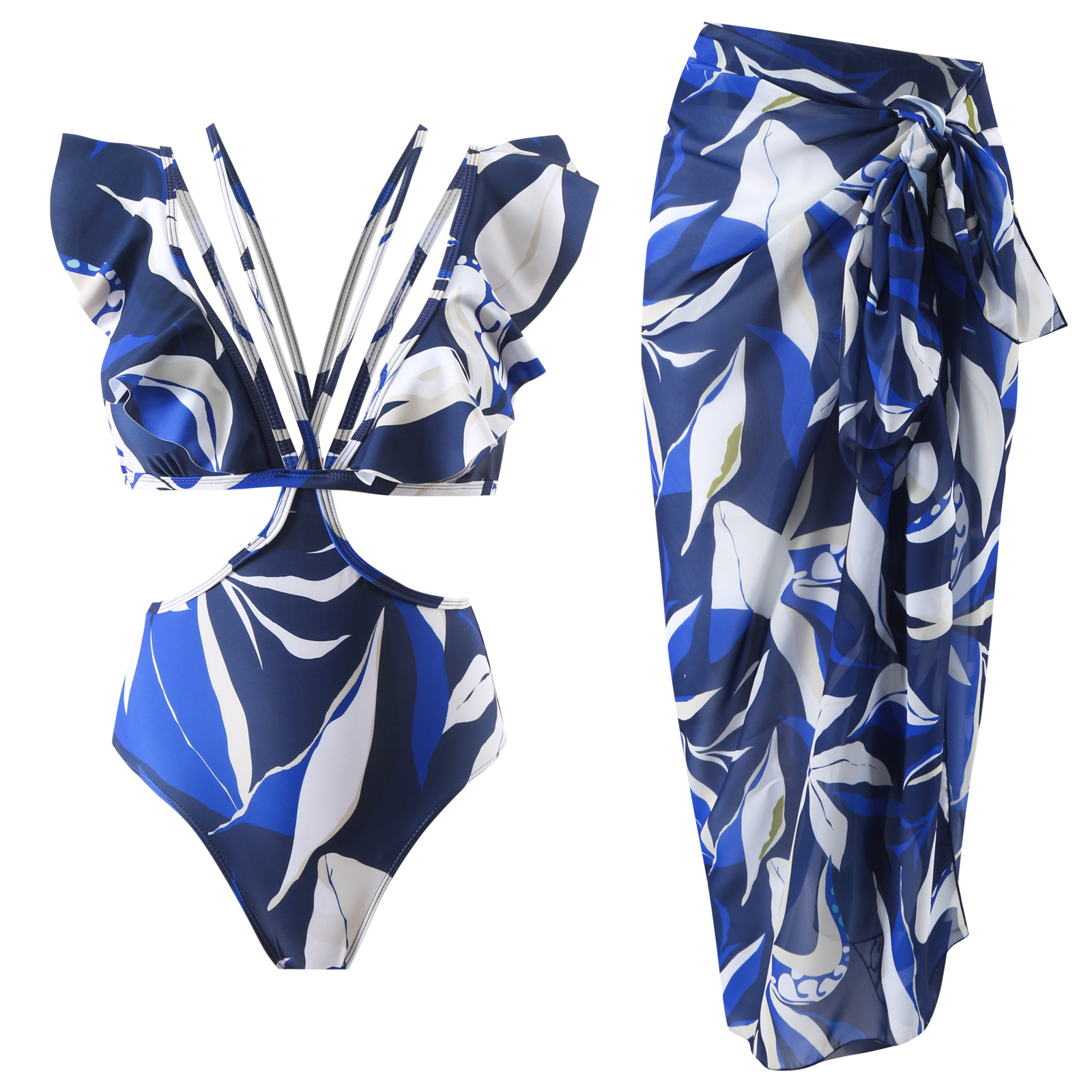 Qiao Jiayuan 2025 Explosions New Fashion Sexy European and American one-piece Swimsuit Women's Neck Chiffon Skirt Swimwear suit