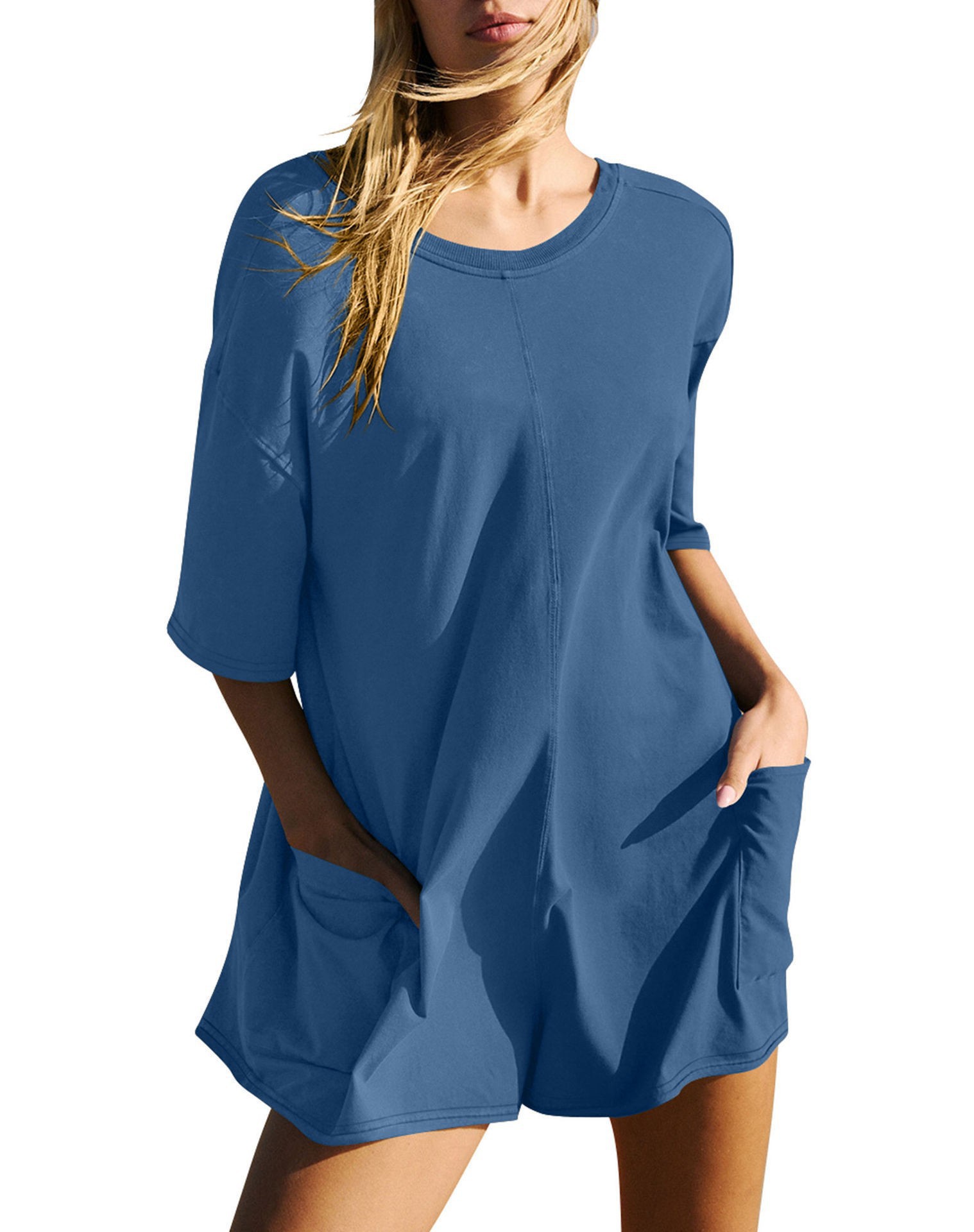 Picture of Amazon European and American Women's Independent Station New Loose Casual Pocket Pumpsuit Short Sleeve V-Neck Backless Pumpsuit