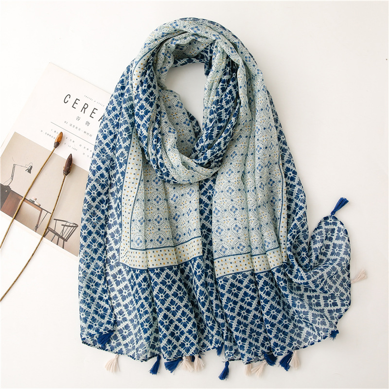 Fresh plain geometric circle contrast color cotton and linen feel silk scarf handmade tassel silk scarf women's silk scarf shawl