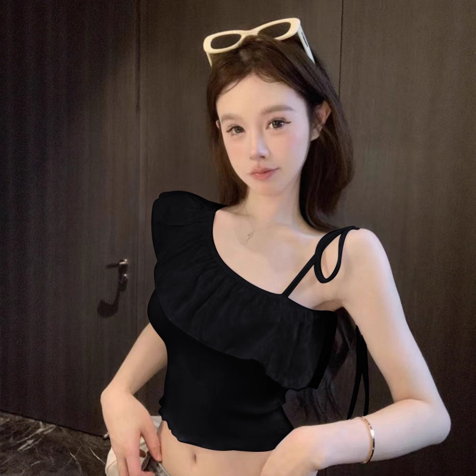 Design ruffled slanted shoulder suspender sleeveless shirt women's summer irregular hot girl short temperament one-shoulder top