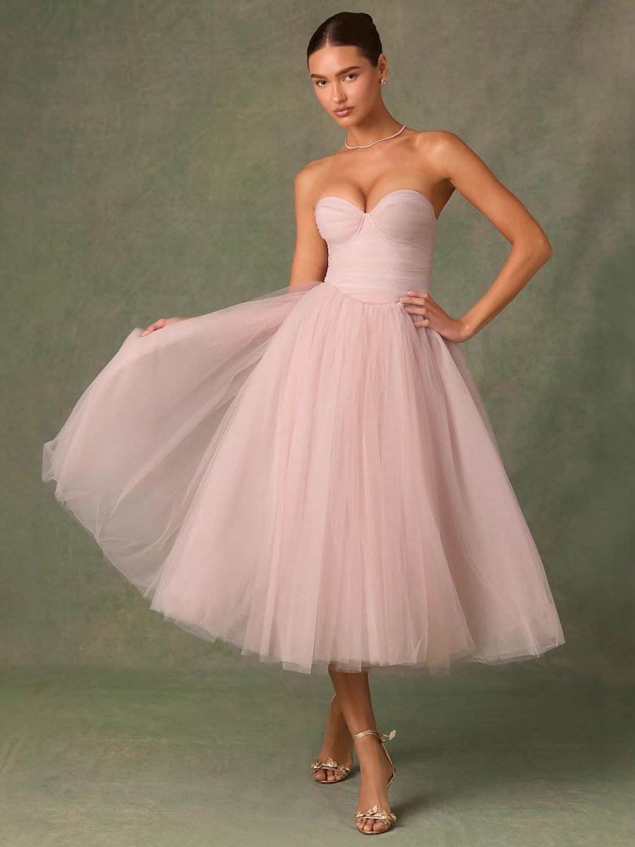 Cross-border European and American 2025 New Strapless Tulle Dress Dress