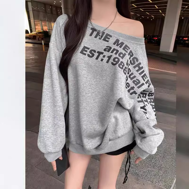 American Style Shoulder Letter Printed Long-Sleeved Sweat Women's Autumn Hot Girl Shoulder-Shoulder Design Loose Slimming Top Ins