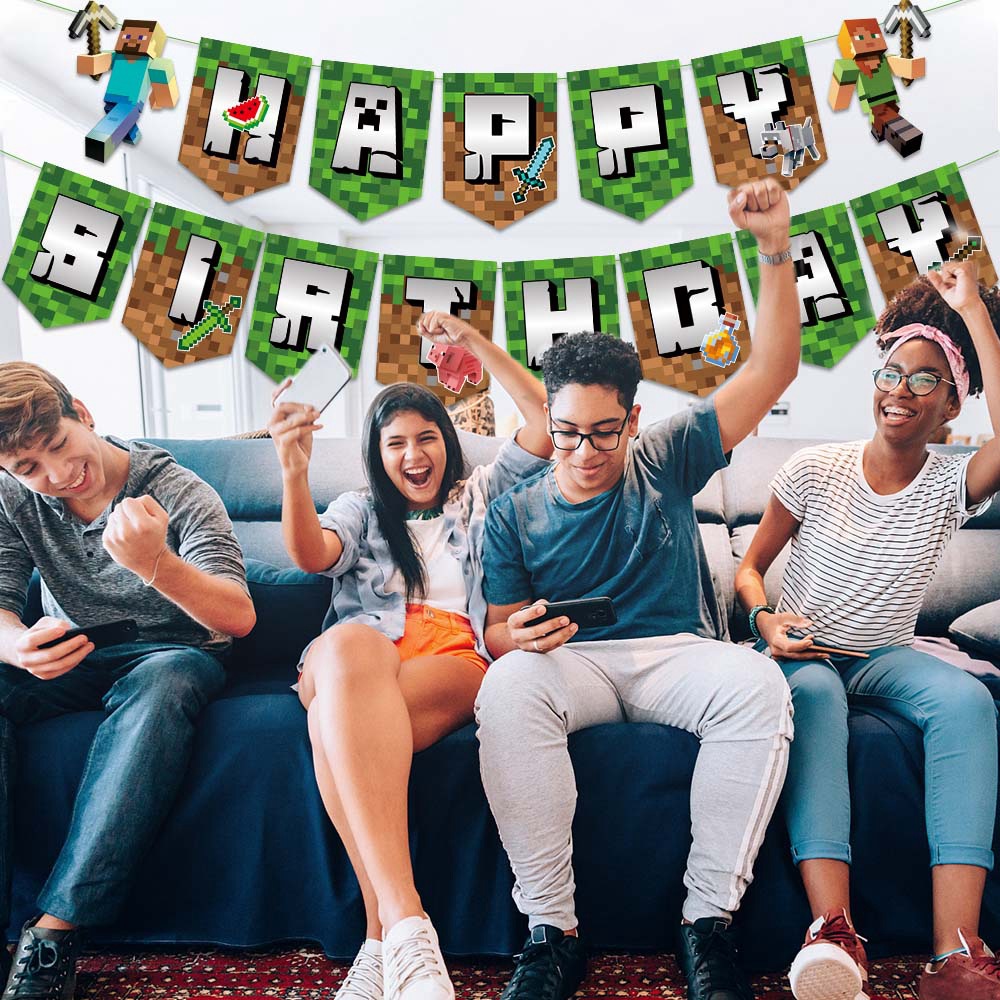 Picture of Minecraft Birthday Party Decoration Set Pixel Wars Happy Birthday Flag Cake Dessert Insert