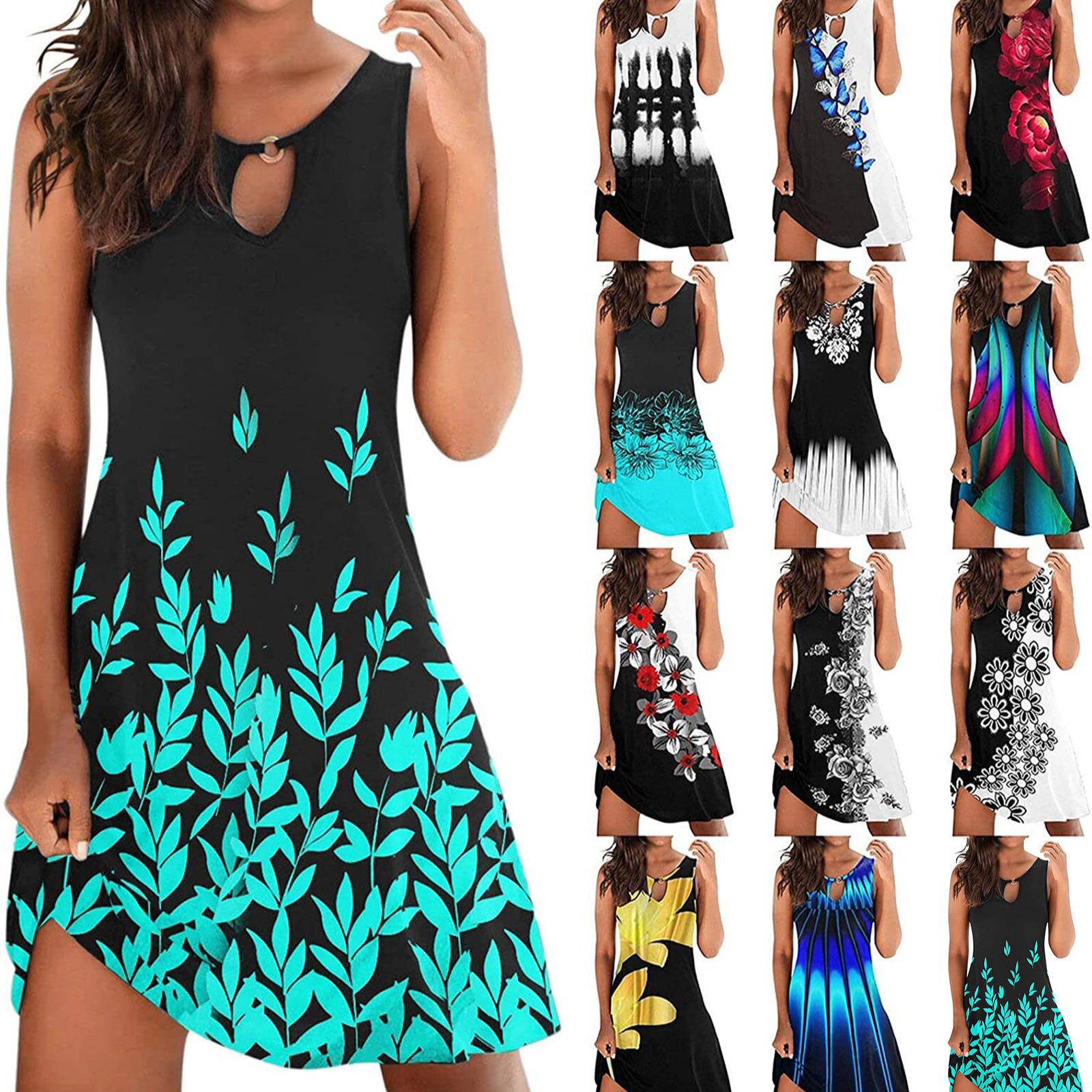 2023 new black mid-waist temperament commuter flat strap printed mid-skirt dress in stock