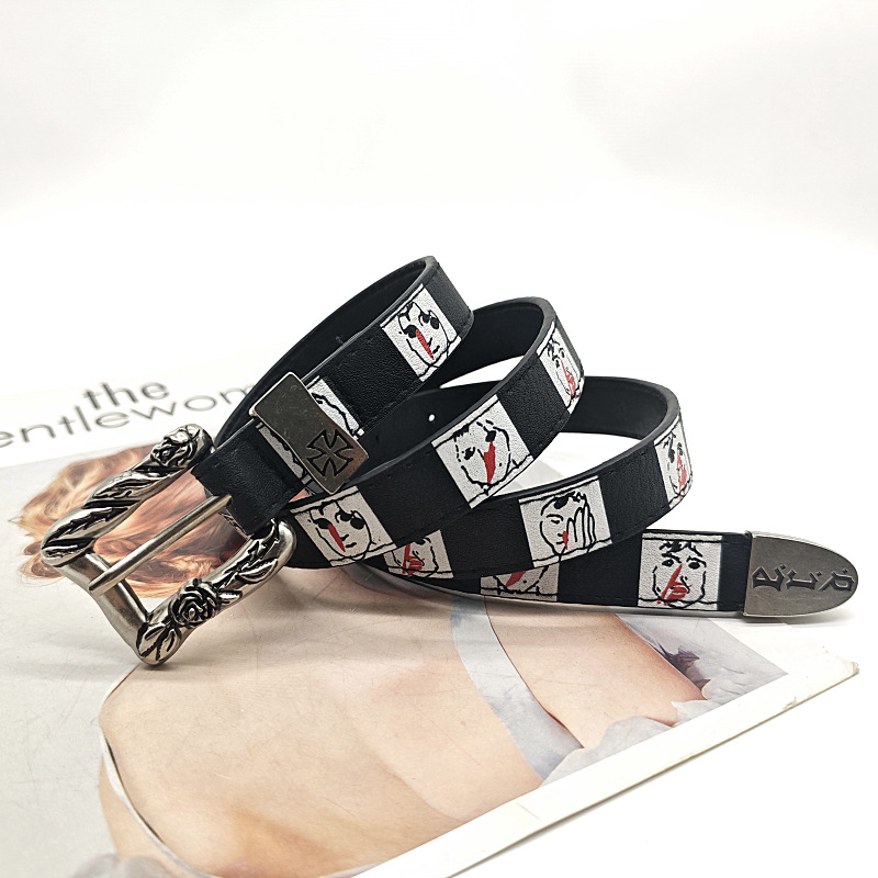 Erd Melancholic Rich Second Generation Nosebleed Belt Male and Female Characters Hand-Painted Pattern Checkerboard Black and White Distressed Belt