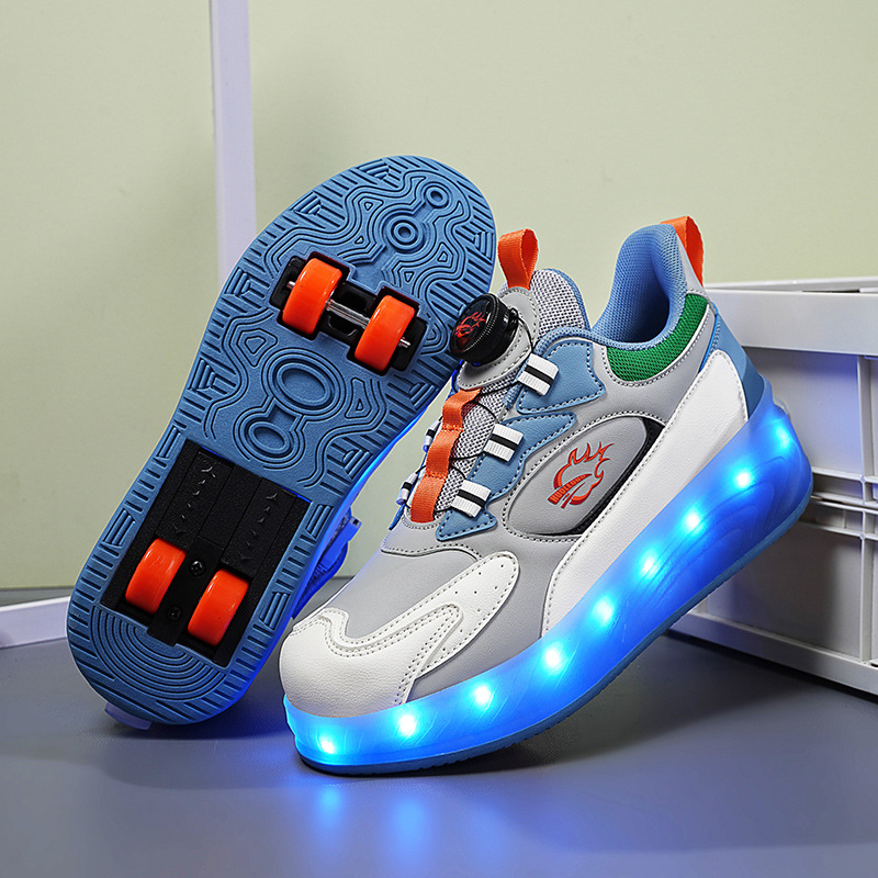 Children's Heal Shoes Boys Girls Adult Four-wheel Flying Shoes with Buttons Lace Wheels Shoes Female Students Roller Skate