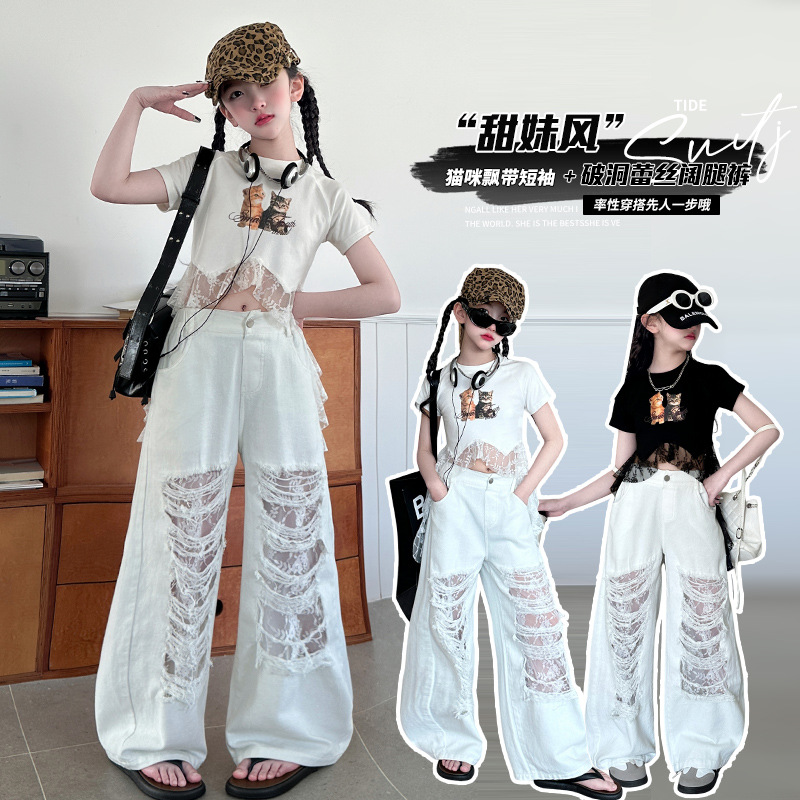 Girls' Ripped Jeans Street Trendy Pants Summer Big Children Hip-Hop Street Dance Pants Korean Style Trendy Fashion