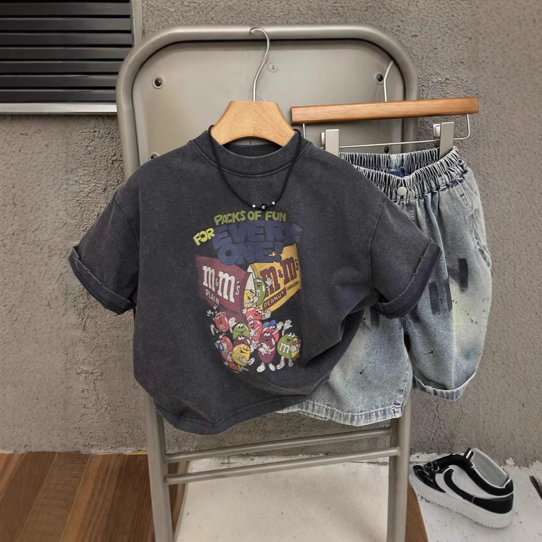 Picture of Boys' Western Style Cartoon Short-sleeved T-shirt 2025 Summer New Style Baby's Old Cotton Crewneck Base Shirt T-shirt