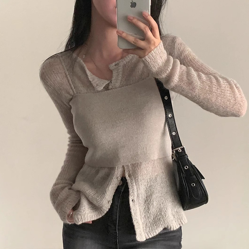 South Korea Chic Autumn Vintage Simple Stacked Wear All-match Short Sling Shirt Long-sleeved Knitted Sweater Coat for Women