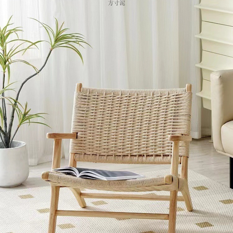 Picture of Nordic Solid Wood Single Sofa Chair Saddle Rattan Chair Balcony Leisure Hemp Rope Armrest Backrest Lazy Chair Outdoor