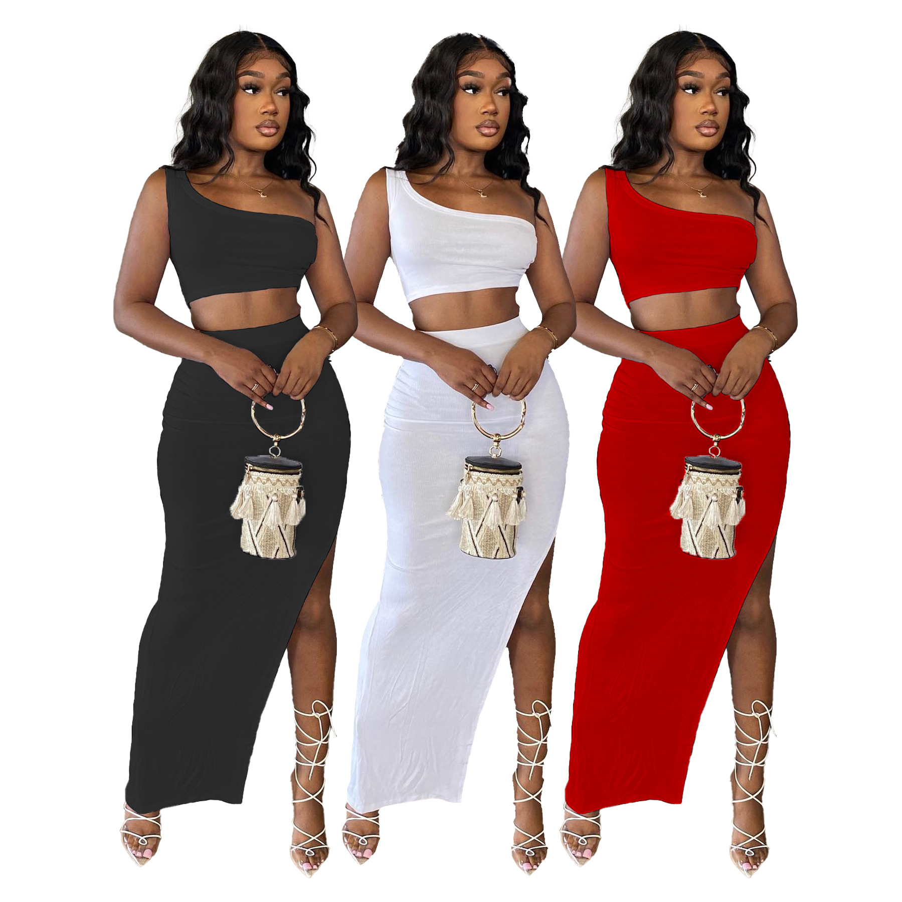Picture of A5306 Cross-border Independent Station Foreign Trade European and American Women's Summer Solid Color Ice Silk Pit Single Shoulder Split Set