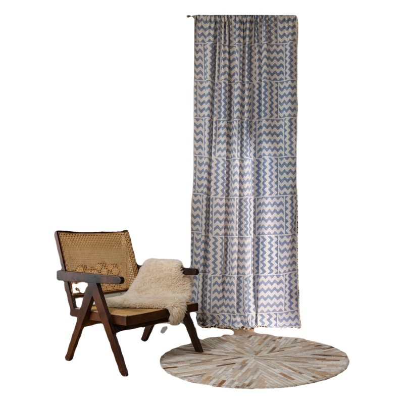 Yiman Qiyun Curtain Finished Blue Corrugated Geometric Printed Tassel Small Window Kitchen Curtain Cotton and Linen Semi-Shaded Bay Window