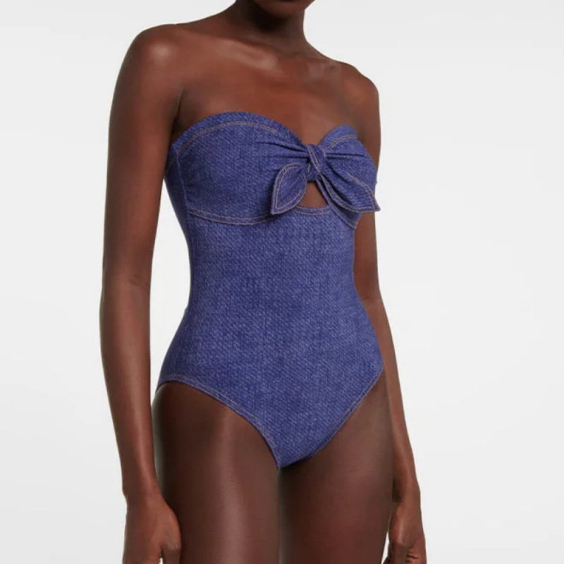 2025 new European and American strapless gathered tight bow senior Denim blue white hot spring holiday one-piece swimsuit