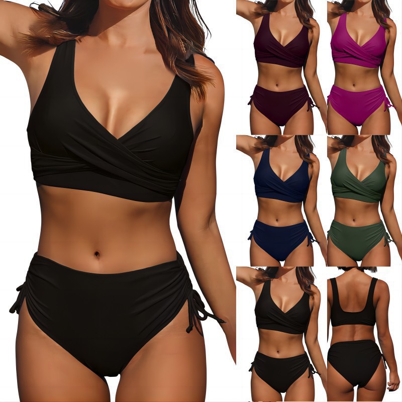 Picture of Swimsuit Split Bikini Solid Color Cross Strap Amazon High Waist Swimsuit European and American Foreign Trade Sexy Bikini