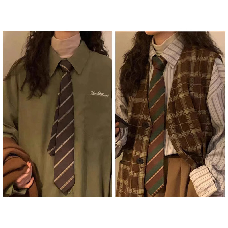Brown Coffee Striped Tie for Women, Retro Style, Green Hand-Tied Versatile Casual Shirt Accessory for Men, Japanese College Style