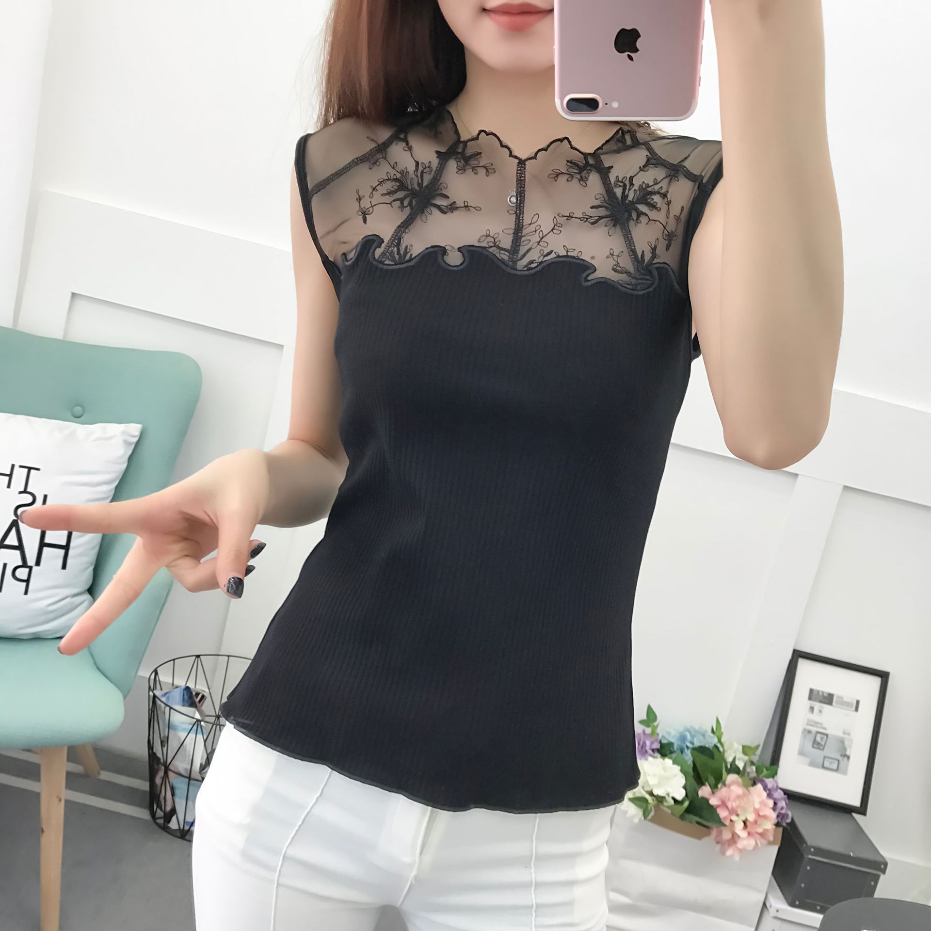 New Hot Women's Sexy Sweet Mesh Embroidered Vest Women's Summer Slim-fit Slimming Base Shirt