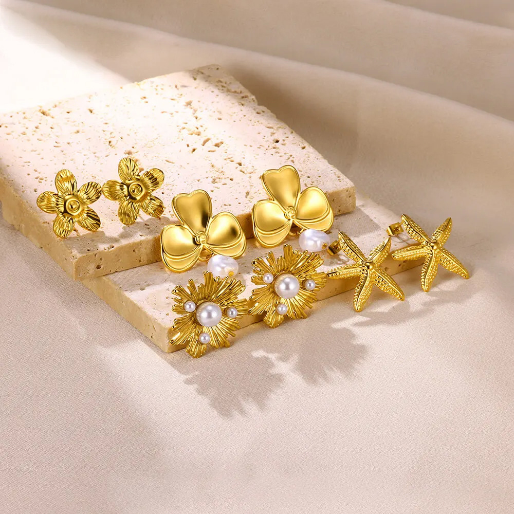 Cross-border new ins style fashion imitation pearl earrings 18K gold stainless steel earrings women's light luxury titanium steel petal earrings