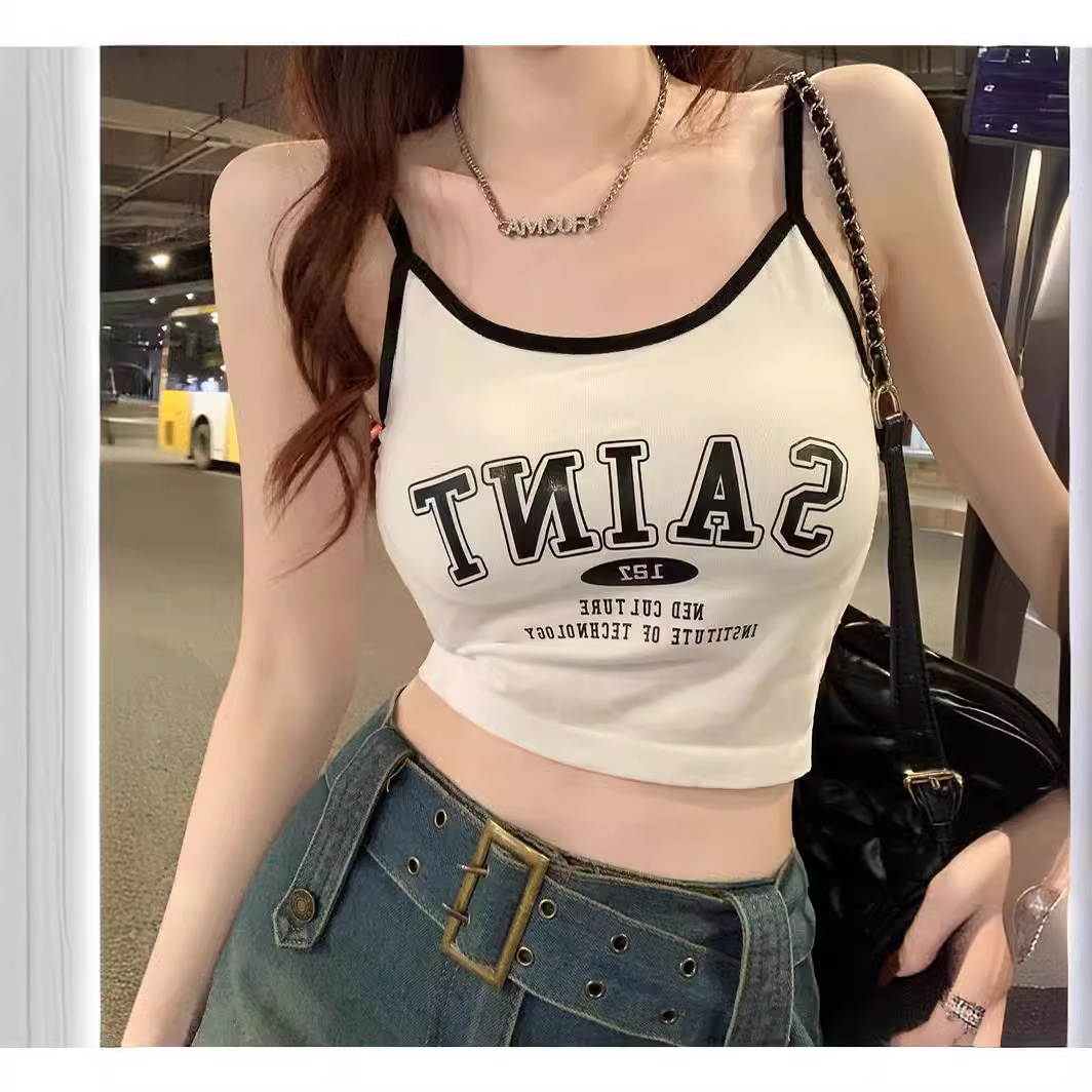 White Camisole Women's Outer Wear Summer Letter Print Slim-fit Inner Short Thin Sports Sleeveless Top