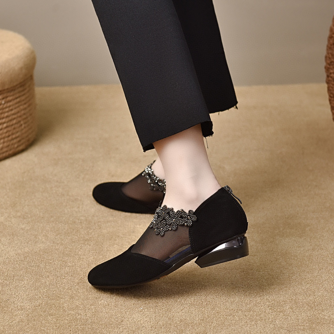 Round Head Mesh Shoes Women's Spring and Summer 2024 New Black Sheepskin Flat Deep Mouth Loafers Flower Hot Drilling Mesh Shoes