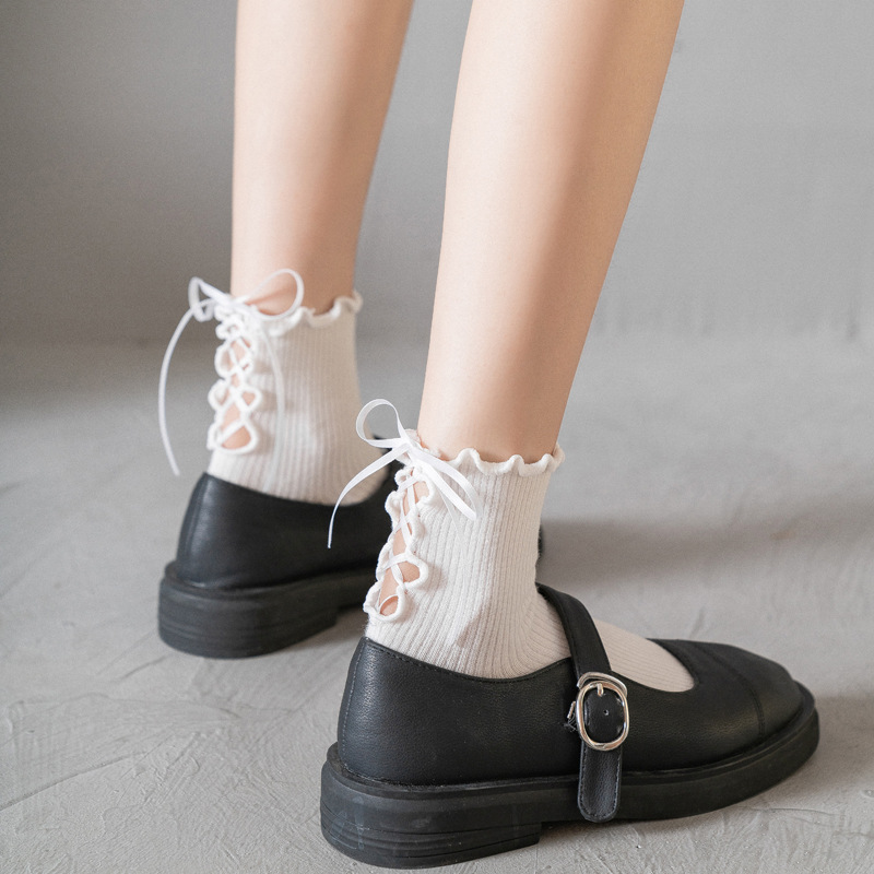 Ribbon Bow Lolita Socks Cute Strap Fungus Lace Women's Mid-Calf Socks White Japanese Style Jk Student Socks