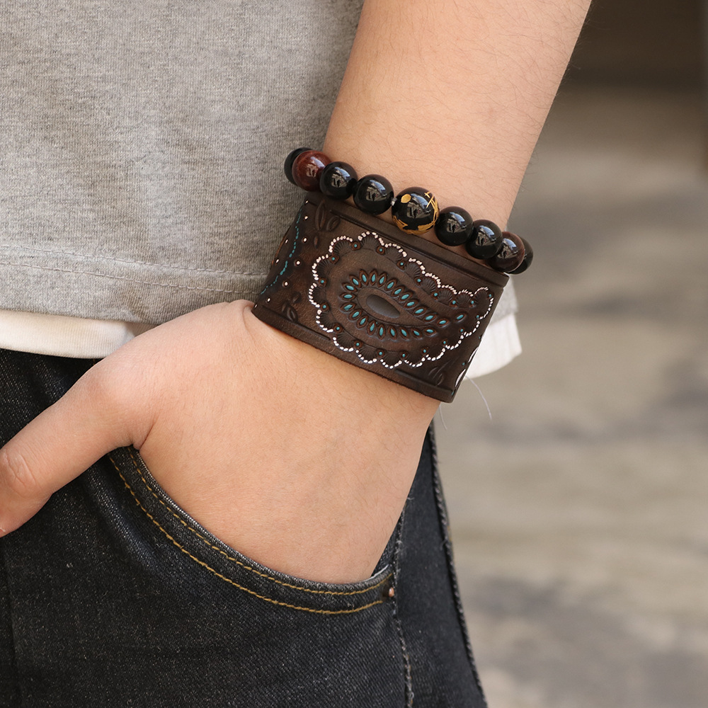 European and American Fashion Personality Trendy Men's Bracelet Classic Embossed Painted Oil Wide Leather Men's Bracelet Punk Style Hip-Hop Bracelet