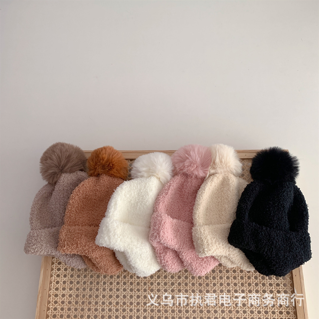 ins2022 Winter Korean Baby Cute Hair Ball Warm Soft Waxy Wool Ear Protection Cap Children's Simple Cold-resistant Cap