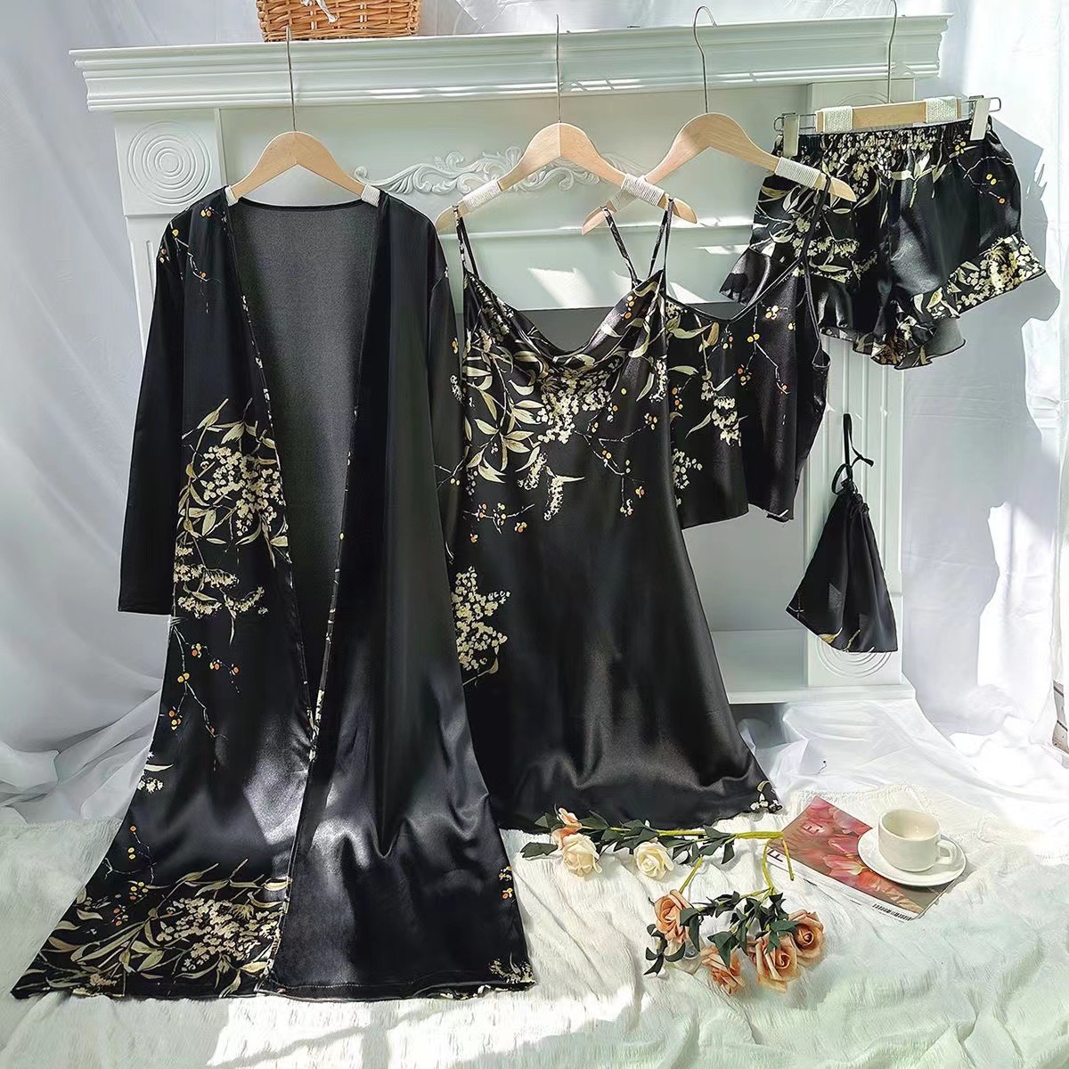 Home Clothes Simple Five-piece Printed Small Cherry Pajamas Women's Thin Nightgown Sling Shorts Sling Skirt suit