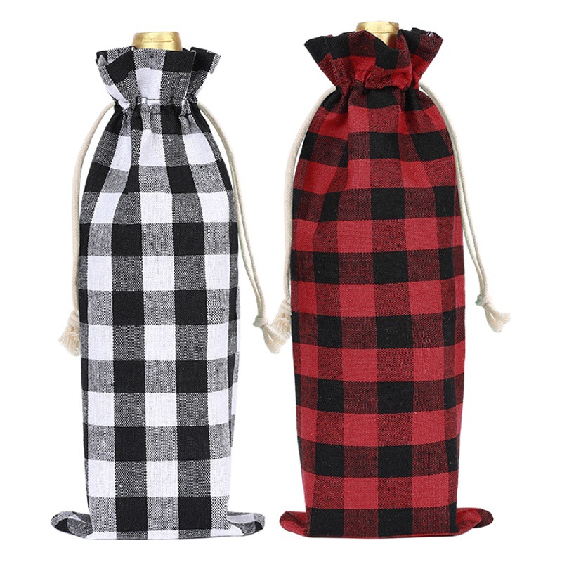 Christmas Plaid linen wine bottle bag set 12 tag red wine linen bag drawstring bundle packaging bag wholesale