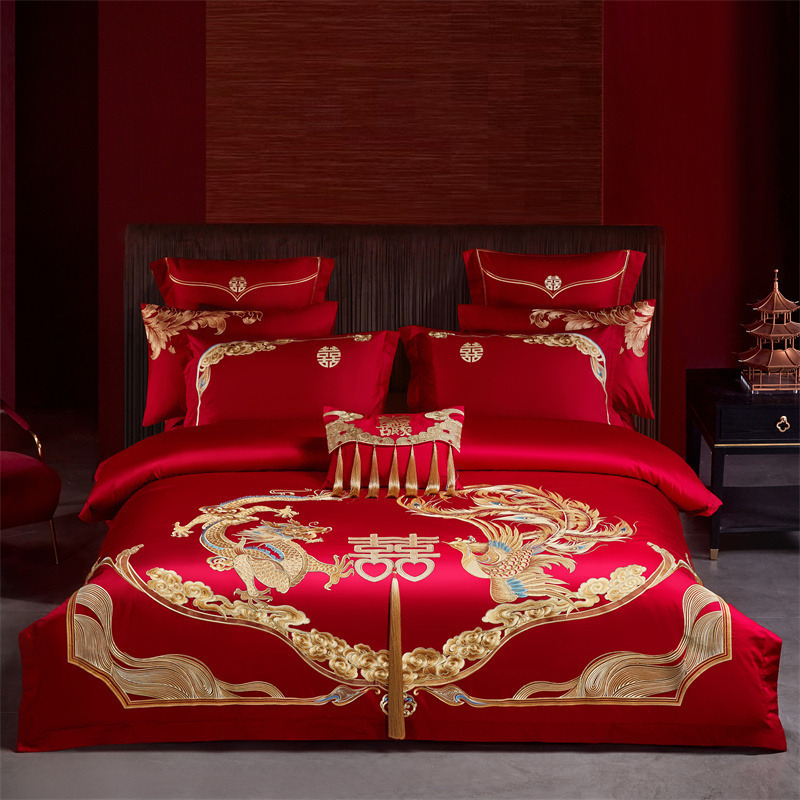 Picture of High-End 120S Pure Cotton Long-Staple Cotton Wedding Four-Piece Set New Chinese Style Dragon and Phoenix Embroidery Wedding Red Bedding