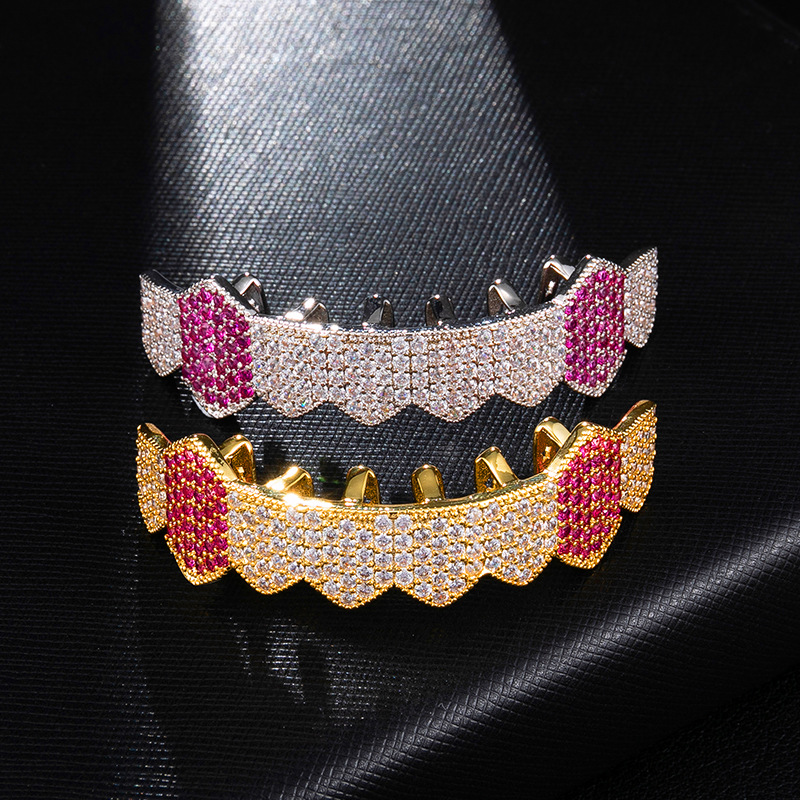 Cross-border Explosions Copper Zirconium Plated 18k Gold Hip Hop Braces Personalized Color Zirconium Inlaid Dentures Jewelry Cross-border Source