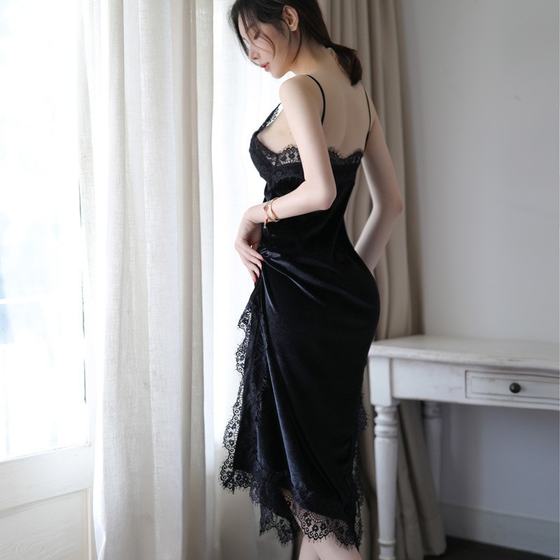 Sexy Velvet Pure Desire Passion Lace Splicing Sexy Suspenders Temptation Princess Style Long Skirt Home Wear Nightgown