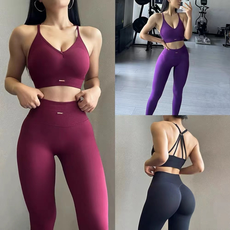 European and American High Waist Sweat Absorbing Fitness Sling Yoga suit Beautiful Back V-Neck Bra Sports suit Training Hip Lifting Pants