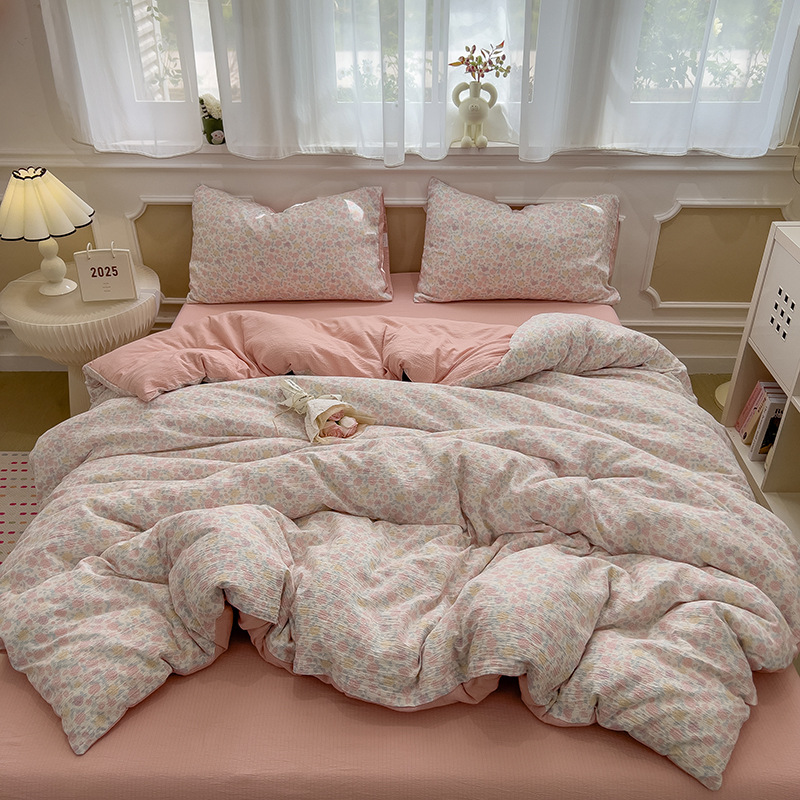 Picture of Double-Layer Gauze Wrinkled Cotton Bed Four-Piece Set Small Fresh Quilt Cover Home Ins Style Floral Summer New Three-Piece Set