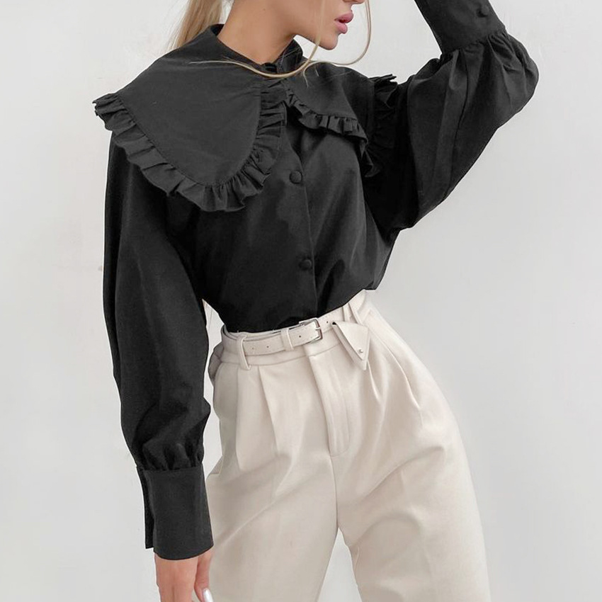 Picture of European and American Fashionable Sweet White Doll Collar Shirt 2024 Design Loose Women's Pure Cotton Cardigan Long-Sleeved Top