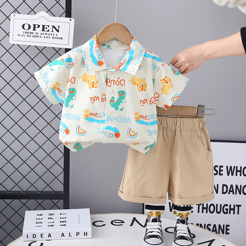 Summer Western Style Baby Two-Piece Boys' New Summer Dress Handsome Thin Rainbow Dinosaur Shirt Short-Sleeved suit Cool