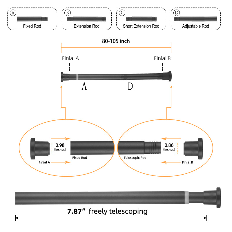 Picture of 25mm Stainless Steel Punch-Free Shower Curtain Multi-Functional Telescopic Rod Bathroom Curtain Rod Shower Curtain Door Curtain Support Rod