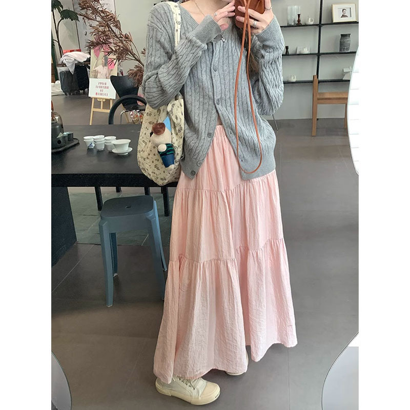 Half-length Skirt Spring and Summer Women's New Pink All-match Solid Color Cake Skirt High Waist Slimming Large Swing Skirt A- line Casual Skirt