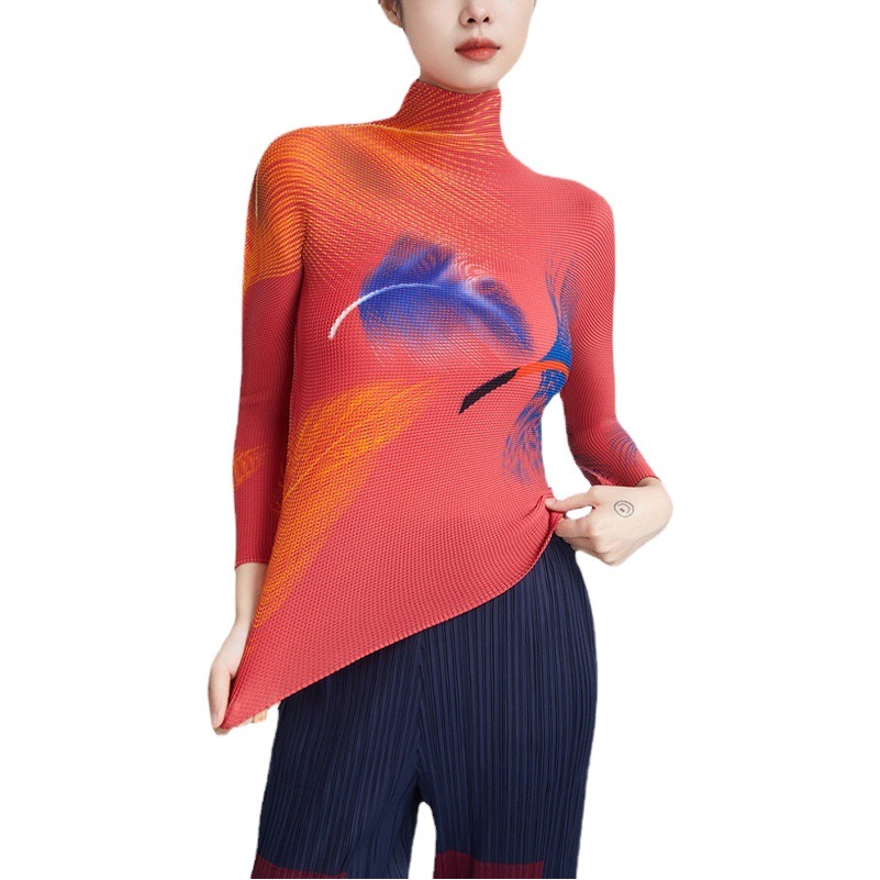 Picture of Miyake's New Half Turtleneck Stretch Slim Printed Bottoming Shirt Top 2025 Autum Pleated Long-Sleeved T-Shirt for Women