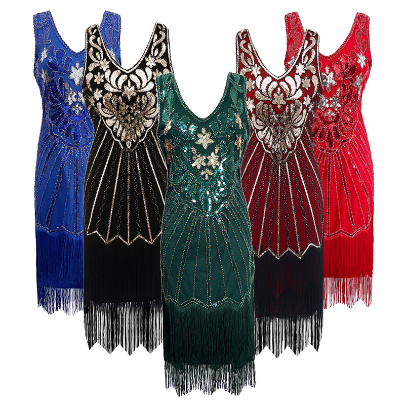 Picture of European and American 1920s Retro V-neck Sequin Gatsby Light Luxury Sequin Tassel Dress dress Party Ball Dress