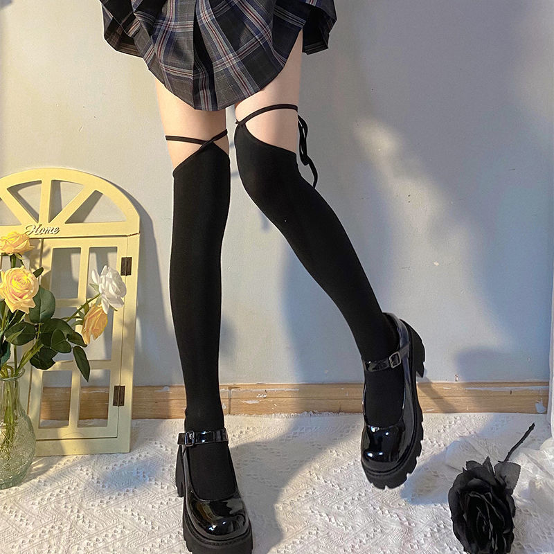 Lace-up socks women's Korean-style mid-calf Japanese over-the-knee black hot girl pure desire style JK over-the-knee socks Lolita