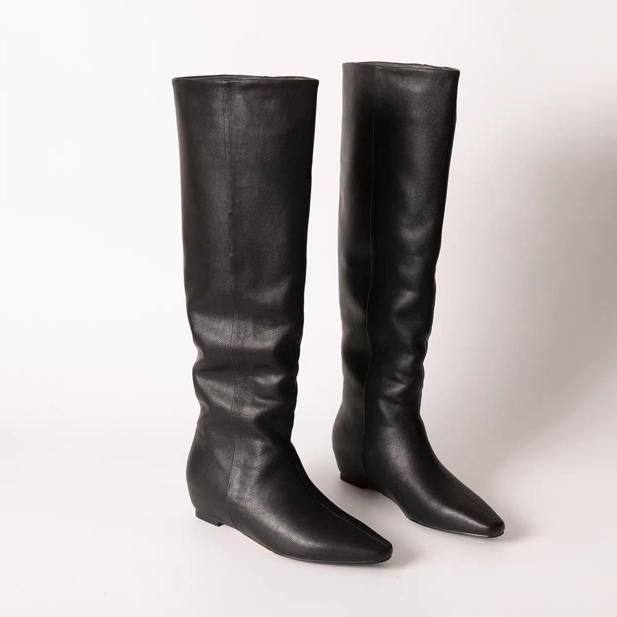 Cowhide Edition ~-Inner Height Black Leather Boots Women's Knee Retro Small Square Head Flat Bottom High Knights Boots