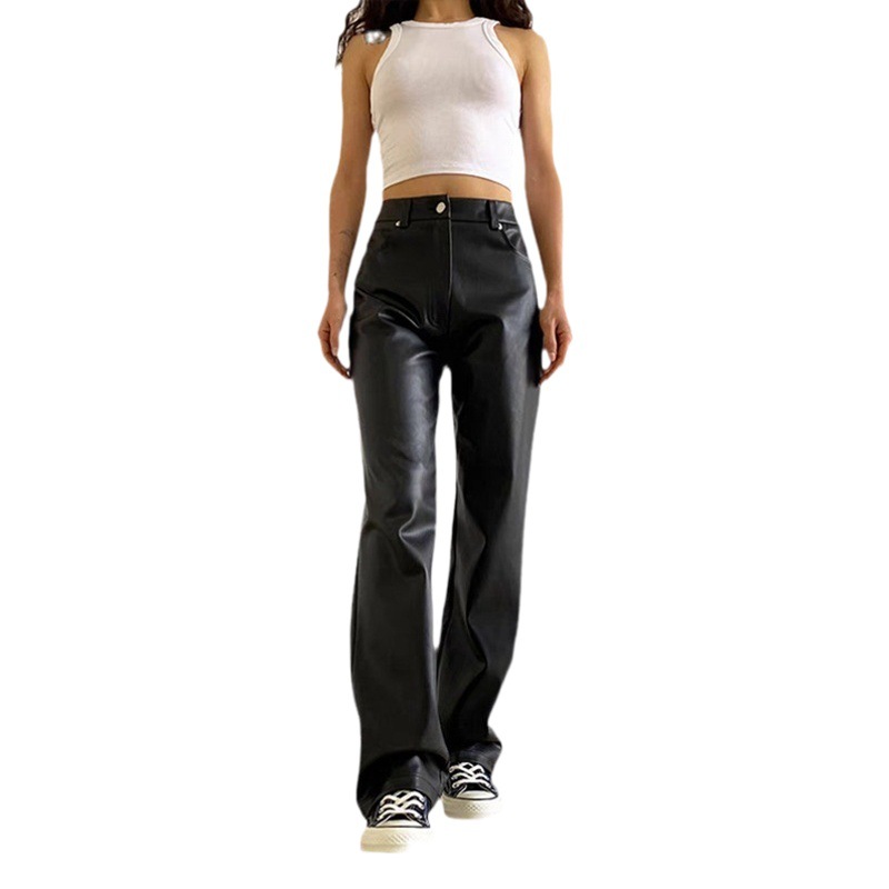 2024 European and American cross-border popular plus size pu leather pants retro loose wide-leg straight leather pants European and American sexy leather pants