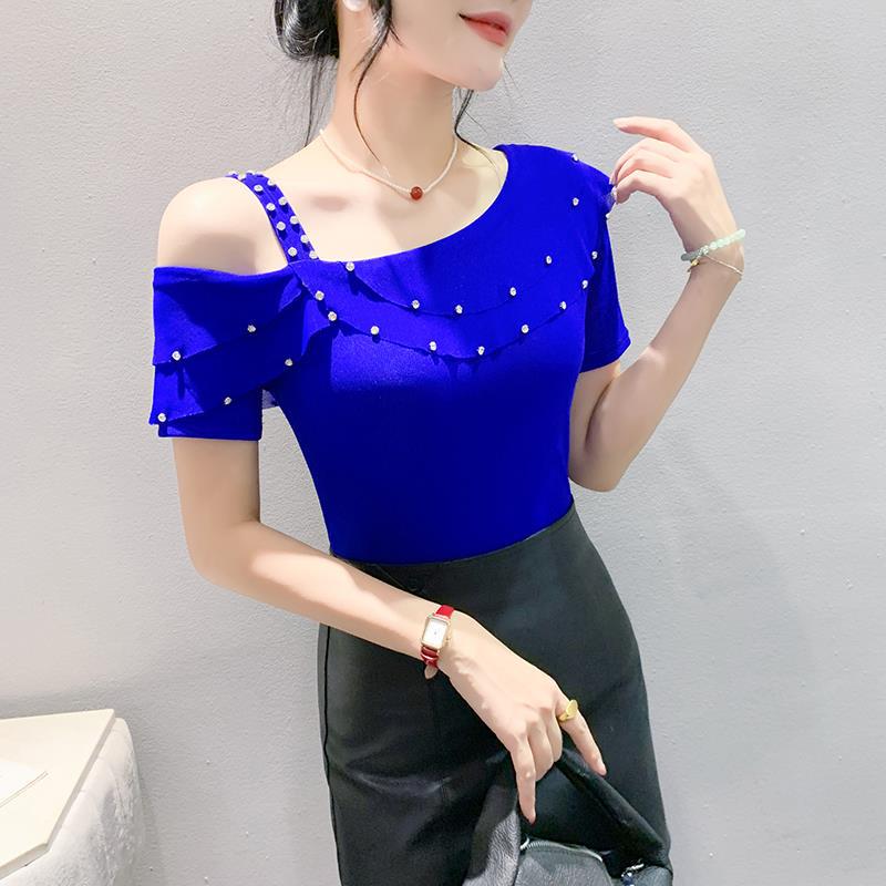 European Ruffled Short-Sleeved Off-Shoulder Light Silk Top 2024 Summer New Style French Gentle Age-Reducing Slimming Look T-Shirt