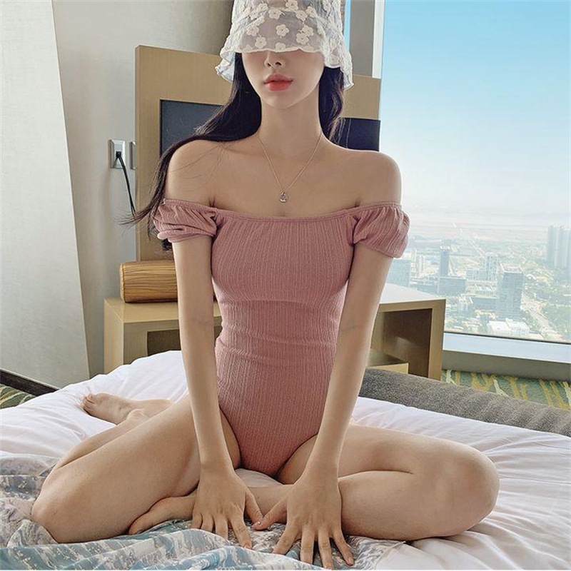 South Korea ins New 2023 pink black one-piece swimsuit female student Conservative belly cover slimming off-shoulder sleeve