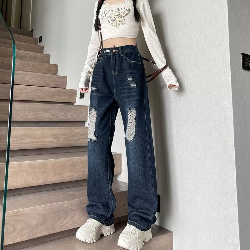 Ripped Wide Leg Jeans Women's New Autumn and Winter 2024 American Style High Waist Loose Slimming Straight Pants