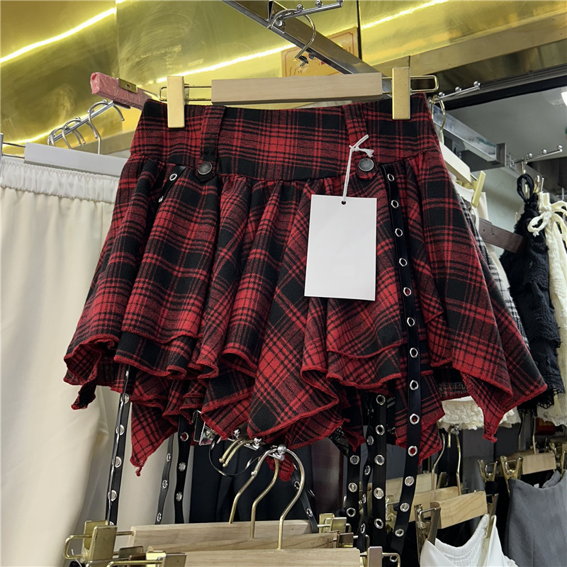 Hot Girl Dark Punk Irregular Plaid Design Pleated A-line Skirt 2024 Spring and Summer New High Waist Skirt