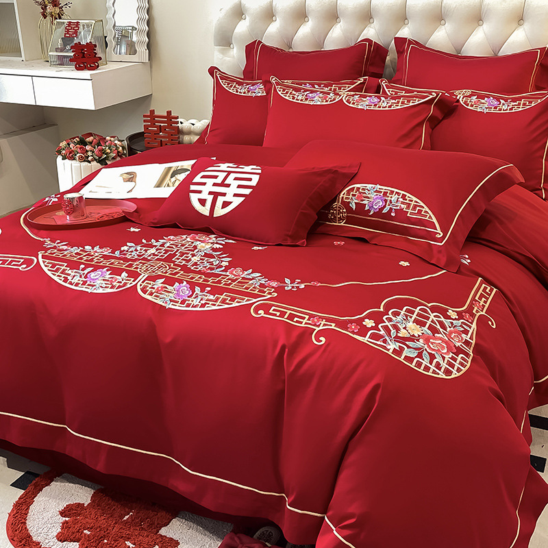 Picture of High-end European-style Wedding Four-piece Cotton Big Red Embroidered Sanding Quilt Cover Wedding Bedding Accompanying Wedding Room