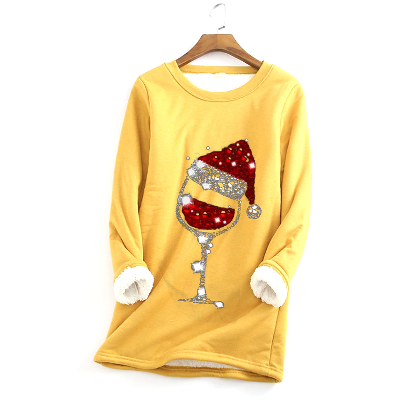 2020 Amazon AliExpress popular autumn and winter New fleece-lined warm bottoming shirt Christmas red wine glass printed sweater